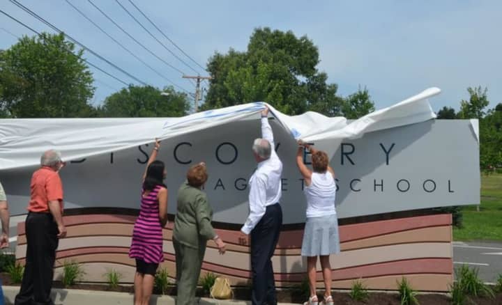 Students at the Discovery Magnet School in Bridgeport will be greeted on the first day of school by this magnificent new sign, which was unveiled over the summer. 