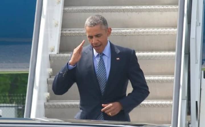 President Obama arriving at Westchester Airport during a visit in May.