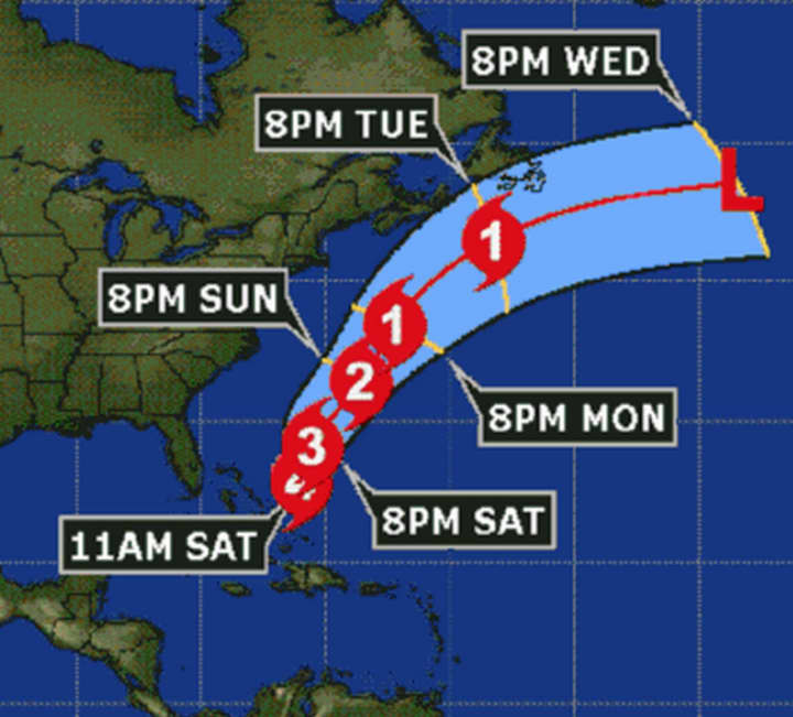 A look at the latest projected path for Hurricane Joaquin, which keeps it well offshore from the area.