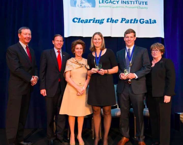 Children Against Mines Program honorees from Greenwich include Julie Cofone, third from right, and Henry Harris, second from right, with Diana Enzi, U.S. Sen. Richard Blumenthal and his wife Cynthia and General Dynamics representative Dan Johnson.