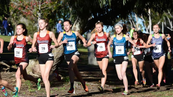Westport&#x27;s Hannah DeBalsi, No. 14, runs with a pack of girls at Saturday&#x27;s Foot Locker cross country national championships in San Diego. 