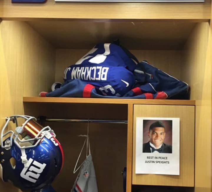 The photo of Justin Speights displayed in Odell Beckham Jr.&#x27;s Giants&#x27; locker stall.