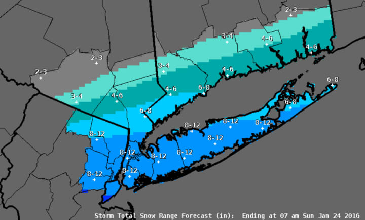 The latest snowfall projection map, released Friday morning, by the National Weather Service.