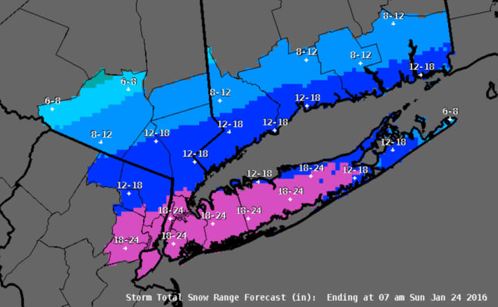 The latest snowfall projection map, released Friday by the National Weather Service.