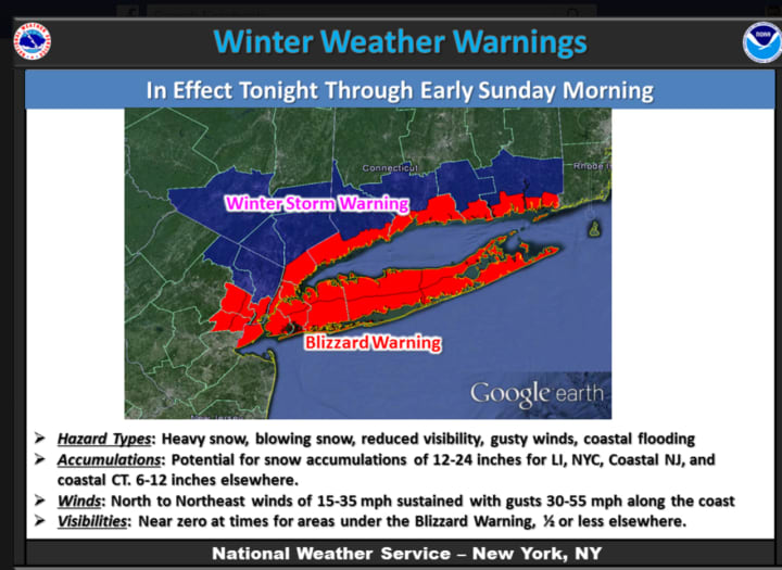 A Blizzard Warning is in effect for Southern Westchester until 4 a.m. Sunday.