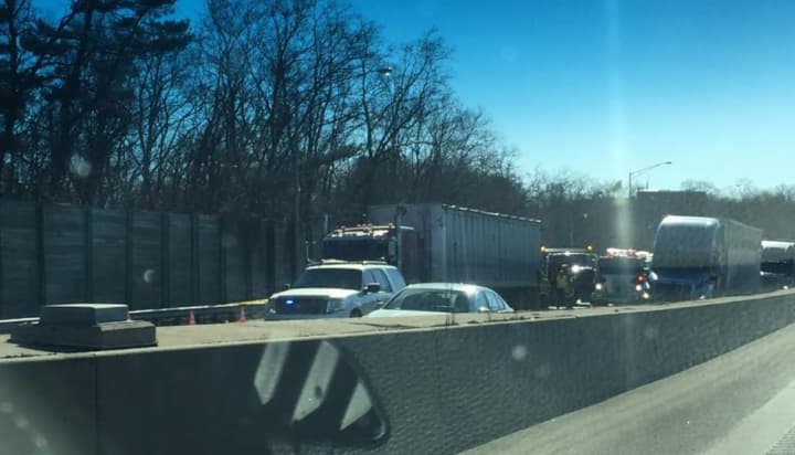 Only one lane of traffic is open near the accident scene on I-95 in Darien.