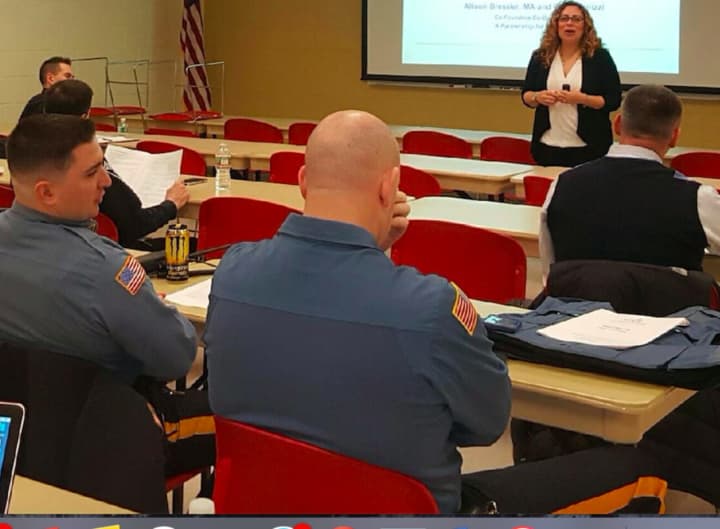 Allison Bressler of Oradell leads a domestic violence educational workshop for first responders.