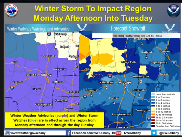 Snow is expected to arrive in the area late Monday afternoon before a changeover to rain early Tuesday morning.