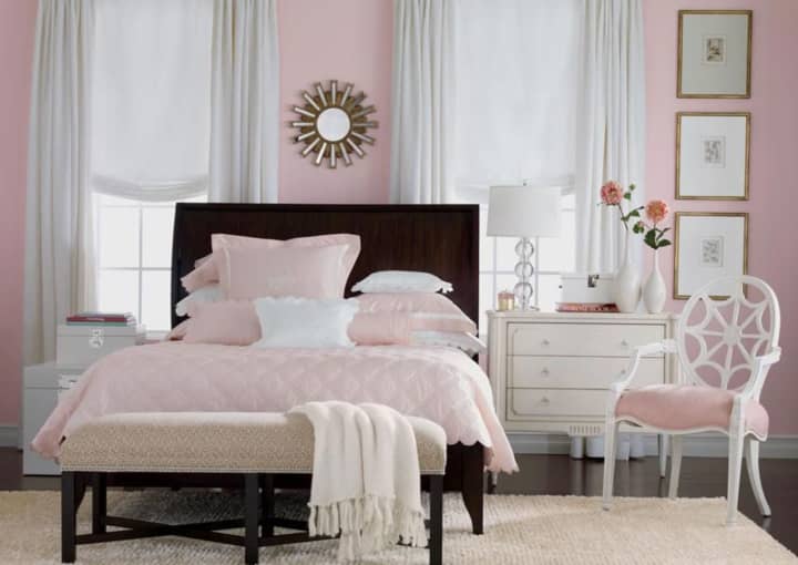 Here, the rose-colored bedding was our catalyst for a serene and soothing bedroom. With a color this lovely, all you need to create a bit of balance is lots of crisp white accessories.