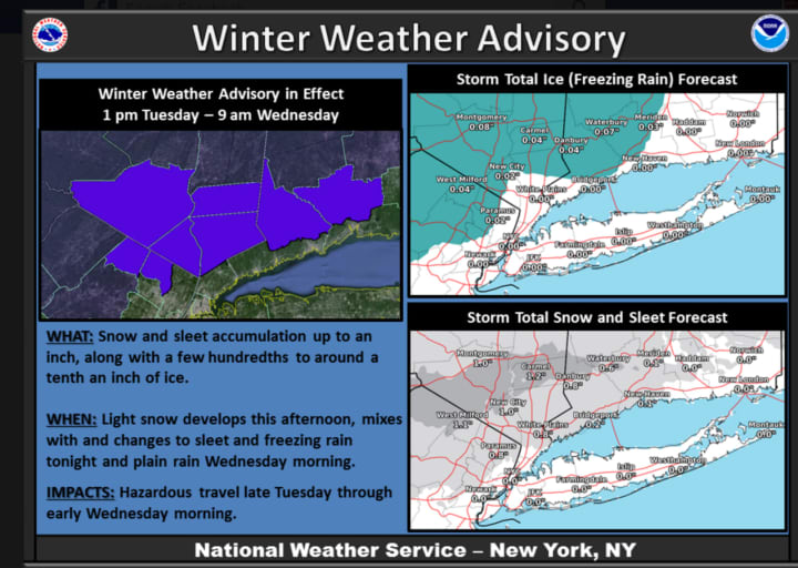 Details on the Winter Weather Advisory in effect. It includes Northern Westchester, Putnam and Rockland.