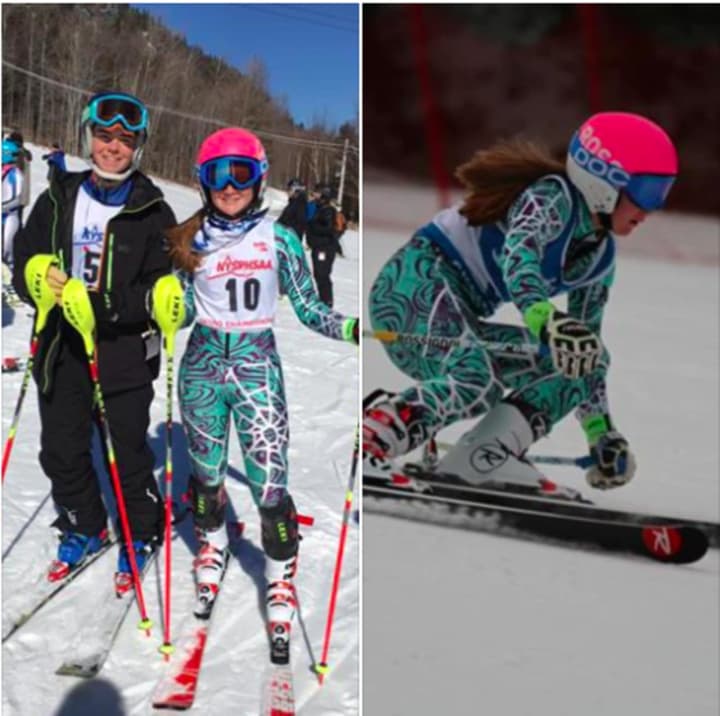 In photo on left, Mamaroneck High School freshman Richard Casey, left, and sophomore Eleanor (Ellie) Lundberg, pose at the New York State Skiing Championships. In photo on right, Lundberg on the slopes.
