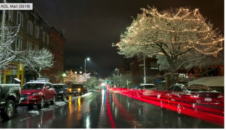 Snow lights up the night in Poughkeepsie.