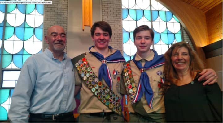 From left, Robert, Alex, Joseph and Doreen Gerstle. Alex and Joseph were awarded the rank of Eagle Scout at a court of honor on Saturday, Feb. 27.