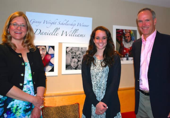 The Darien Arts Center is now accepting applications for the Ginny Wright Scholarship. Pictured are the center&#x27;s executive director, Amy Allen, along with Danielle Williams, last year&#x27;s scholarship recipient, and Steve Wright.