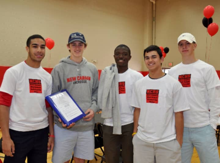 (from left to right) Brian Maccalla, Peter Swindell, Rajon Mitchell, James Freyre, and David Ferm prepare for Scholarship Sunday in New Canaan.