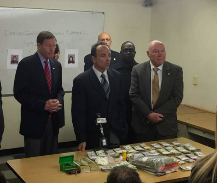 U.S. Sen. Richard Blumenthal, Bridgeport Mayor Joseph Ganim and Bridgeport Police Chief AJ Perez hold a press conference about a George Street drug raid.