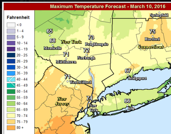 A look at Thursday&#x27;s projected high temperatures show more warmth farther inland.