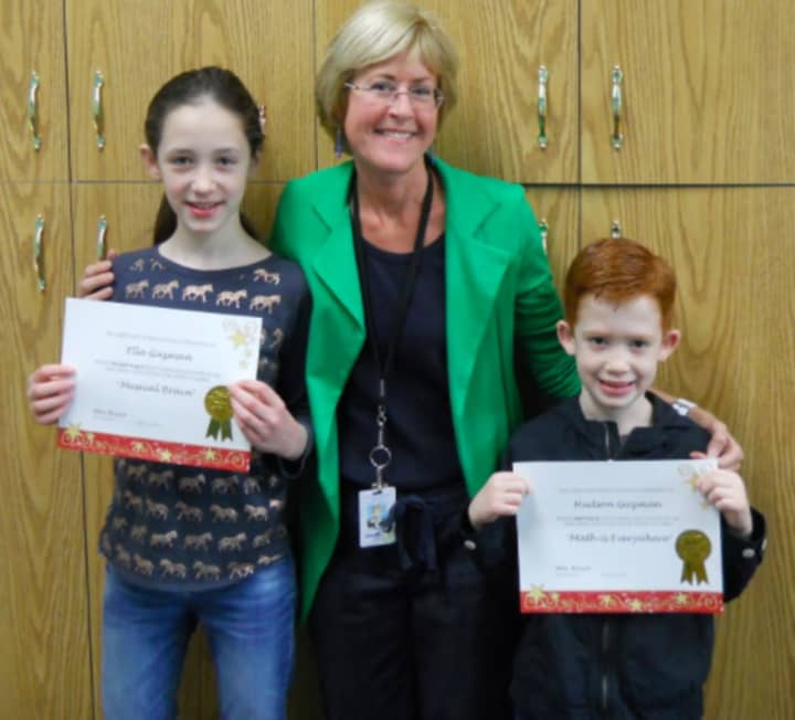 Hudson, right, and Ella with Mrs. Bernadette Ricco a teacher for Norwood Public School&#x27;s Talented and Gifted program.