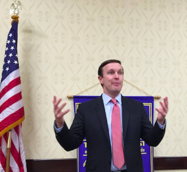 U.S. Sen. Chris Murphy speaking about his mental health care legislation to the Stamford Rotary Club on Tuesday.