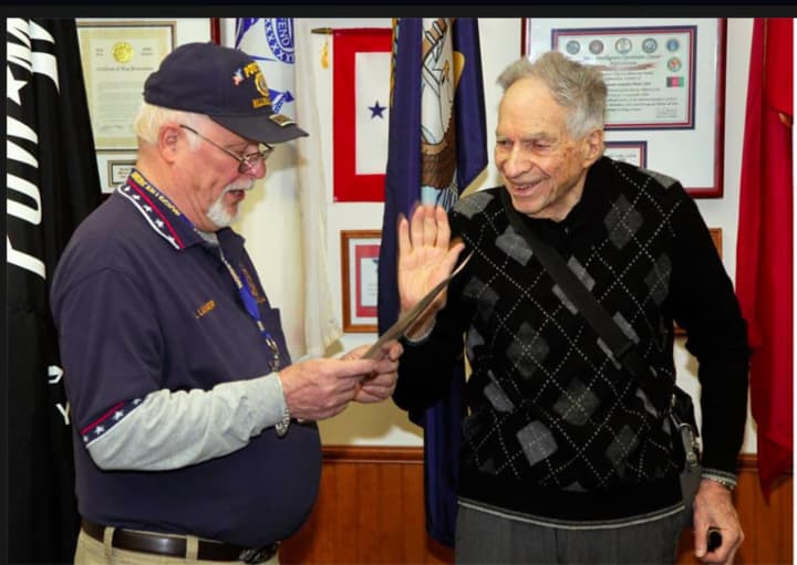 92-year-old Irwin N.Talbot, Ph.D and a WWll Navy Officer, was sworn in as a member of American Legion Post 162 of Hillsdale, Woodcliff Lake and Old Tappan.