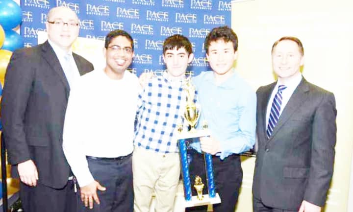 Jonathan Hill, interim dean of Pace University’s Seidenberg School of Computer Science &amp; Information Systems (left) with Mamaroneck High School teacher Jigar Jadav and winning students Sam Blumberg and Imax Bobby, and County Executive Rob Astorino.