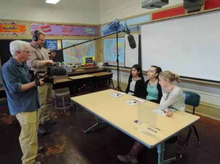 Madeline Murillo, Angela Kohout and Elizabeth Sagi  filmed for the PBS program &quot;Classroom Close Up.&quot;