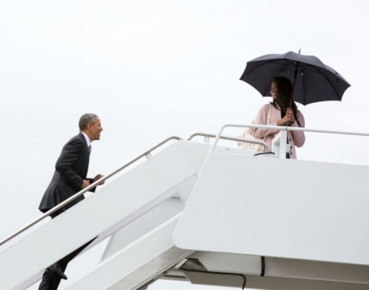 Malia Obama, 17, boards Air Force One with her father, President Obama, last month.