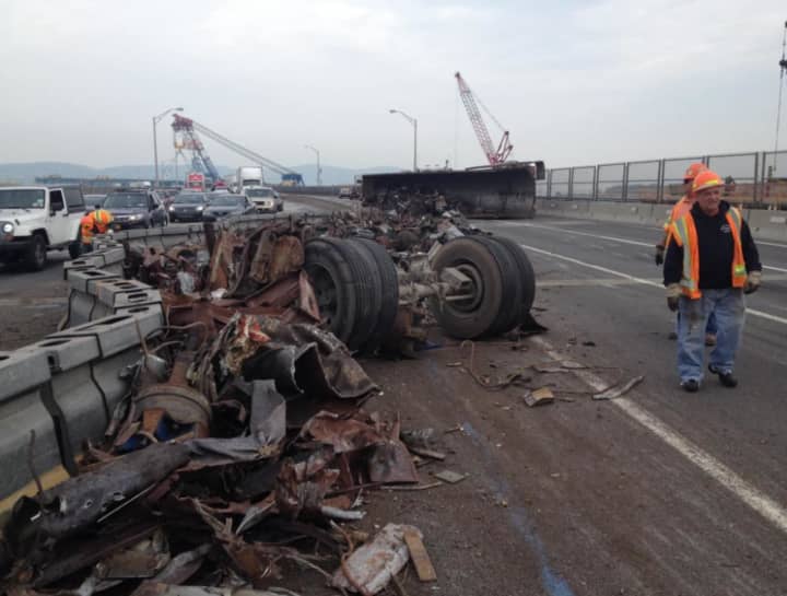 The overturned dump truck on the Tappan Zee Bridge.