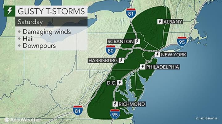 Thunderstorms are in the forecast along much of the Eastern Seaboard for Saturday.