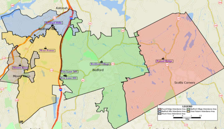 A map showing the five elementary school attendance zones in the Bedford Central School District. The attendance zones are used as election districts for budget and school board votes.