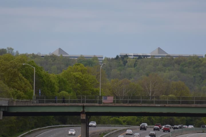 The pyramid-topped buildings at IBM&#x27;s once bustling campus in Somers. The buildings are pictured in a view from Goldens Bridge.