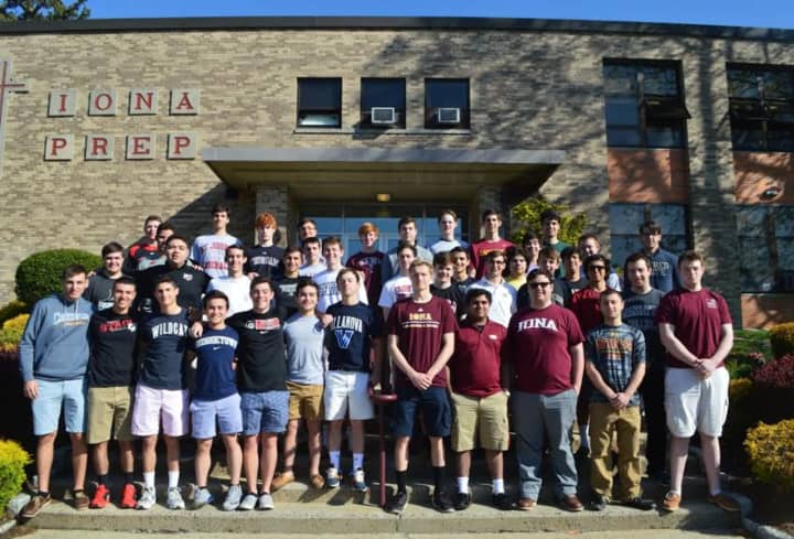 Students at Iona Prep wear shirts with their chosen colleges.