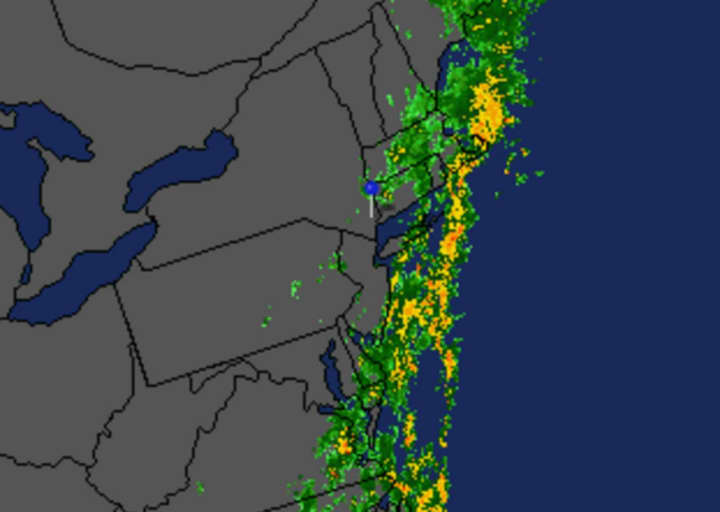 A radar image at around 9:30 a.m. shows much of the system bringing rain veering to the east.