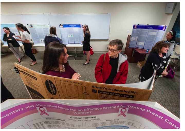 Approximately 45 seniors at Sacred Heart University in Fairfield vying for their bachelor’s degrees in health science recently displayed their final research posters to faculty judges.