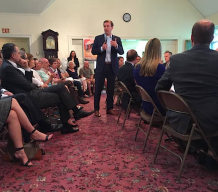 U.S. Sen. Chris Murphy makes a point at a forum that included local Muslins and LGBT community and others at the First Congregational Church on Walton Place in Stamford on Saturday morning.