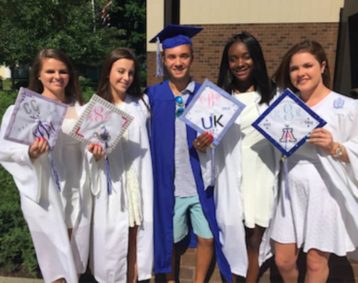 Wilton High graduates from left: Nicole Deluca, Curry College; Kristen Setter, College of Charleston; Zach Kaminsky, University of Tampa; Natalie Bennett, University of Kentucky; and Emma Greenshields, University of Arizona.
