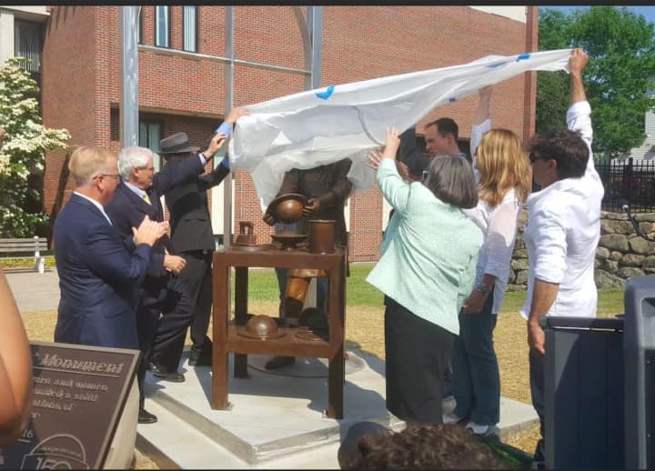 The unveiling of the Hatters&#x27; Monument at Danbury&#x27;s City Hall last year.