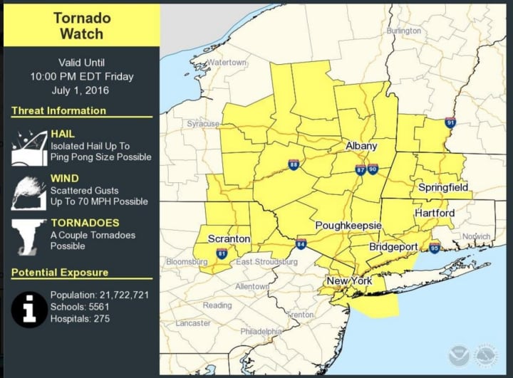 The Tornado Watch includes the entire HudsonValley and much of the tristate area.