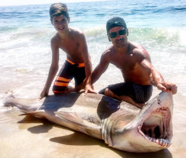 Emerson&#x27;s Gianni Mandile, 13, and his father, Joseph, reeled in a 200-pound shark in Long Beach Island Sunday.