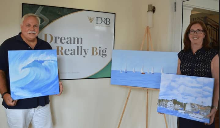 Local artist and writer Peter Saverine is exhibiting his work at Darien Rowayton Bank during the month of August, with 20 percent of all sales benefitting the Darien Arts Center. Peter Saverine with Ellen Bay, Branch Manager at Darien Rowayton Bank
