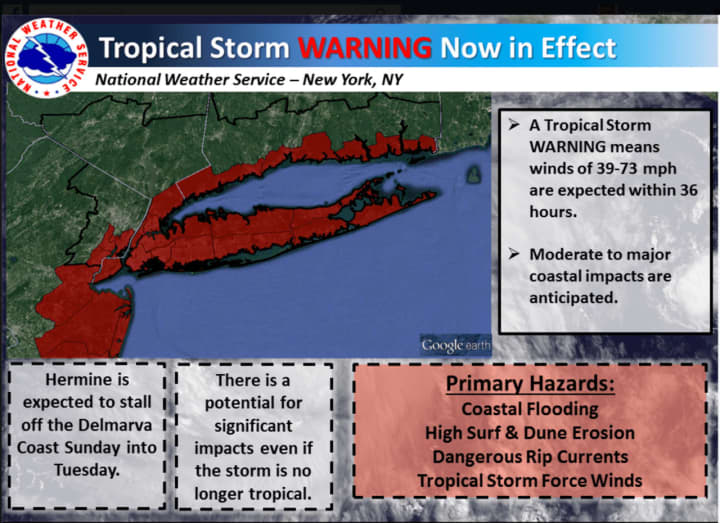 A Tropical Storm Warning is now In effect for Southern Westchester and areas shown in red above.