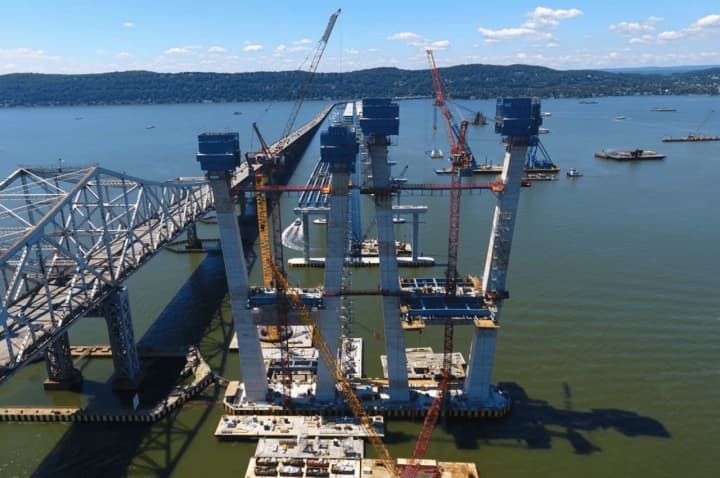 The big blue boxes are being removed from the new Tappan Zee Bridge as workers complete westbound towers.