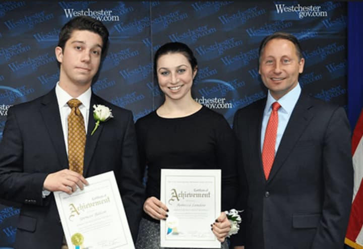 County Executive Rob Astorino, right, with two past Milly Kibrick Youth Service Award winners.