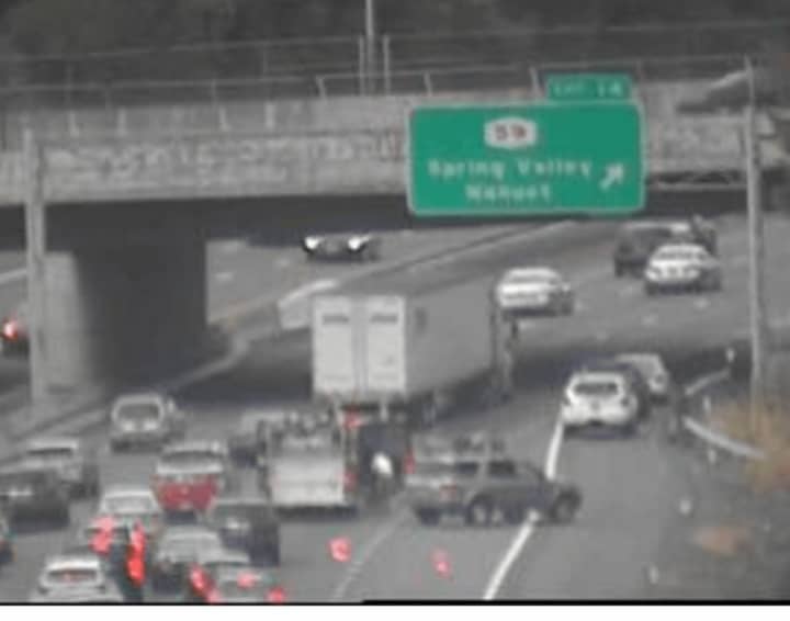 A serious crash involving four vehicles is blocking the right lane on southbound I-287 in Rockland early Saturday evening.