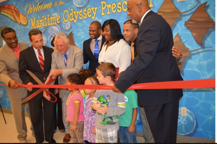 Ribbon-cutting ceremony for the new Maritime Odyssey Preschool with Norwalk Mayor Harry Rilling and State Sen. Bob Duff