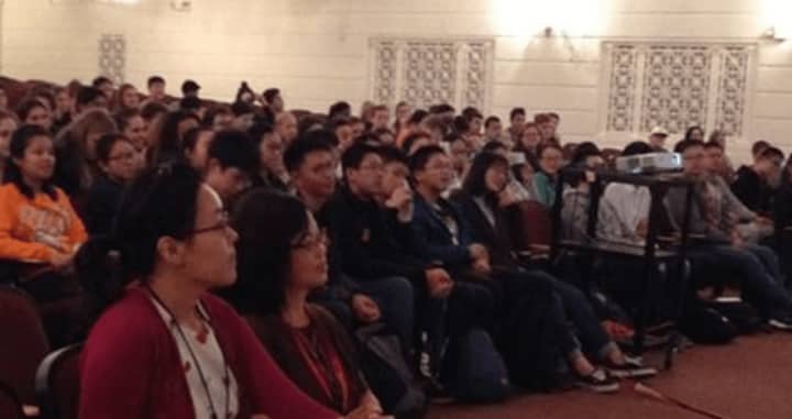 Visiting Chinese students attend a Mamaroneck Public Schools welcome ceremony.