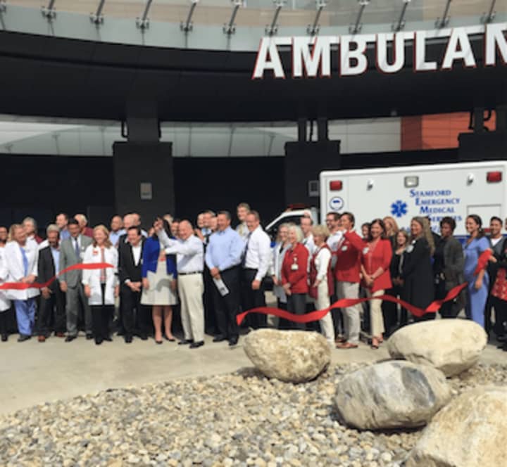 Ribbon cutting in front of the expanded emergency department at the new Stamford Hospital.