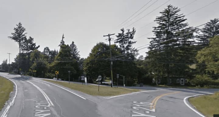 This intersection in Poughquag, at Route 216 and Main Street, was the scene of a serious motorcycle-car accident on Monday afternoon.