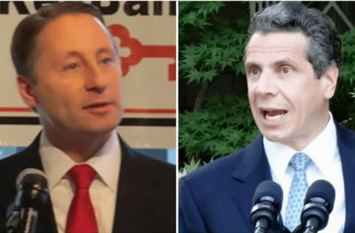 Political rivals Rob Astorino, left, the Republican Westchester County Executive, and New York Gov. Andrew Cuomo, a Democrat who also resides in Westchester.