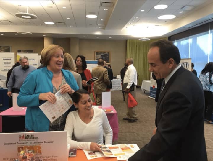 Bridgeport Mayor Joe Ganim talked with job seekers and potential employers at the 20th annual Community Career Fair at Housatonic Community College.